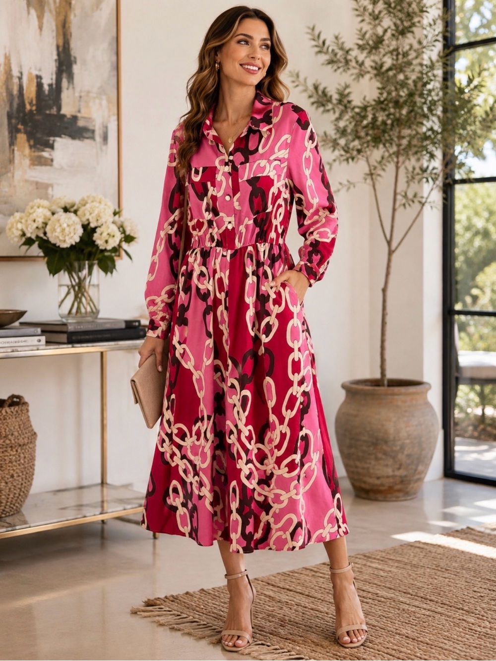 SundayUp Pink Chain Print Collared Shirt Dress Large
